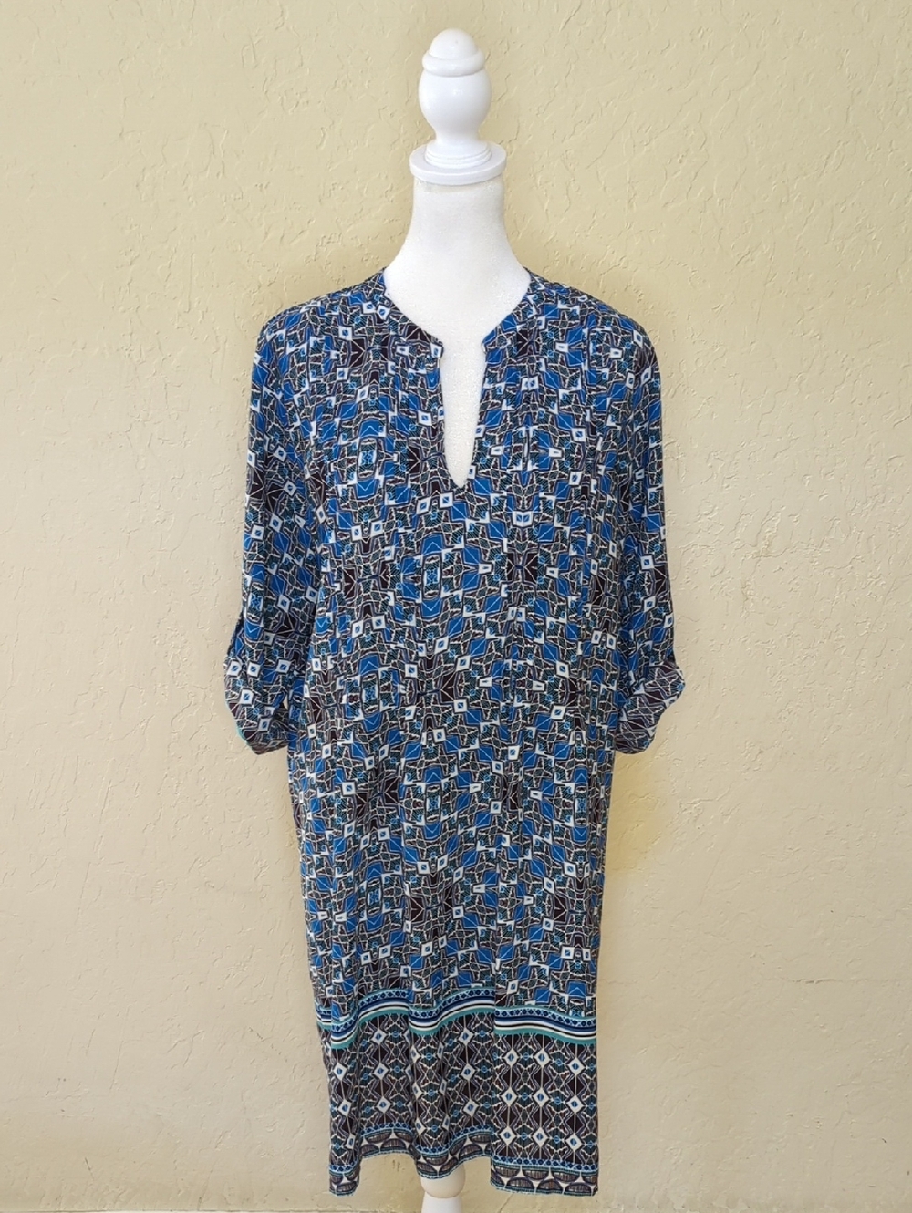 Collective Concepts Blue & Purple Geometric Roll Tab Sleeve Midi Dress Medium